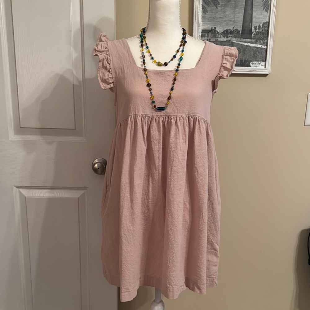 HYFVE Pink Sundress with Ruffled Flutter Sleeves and Square Neck
